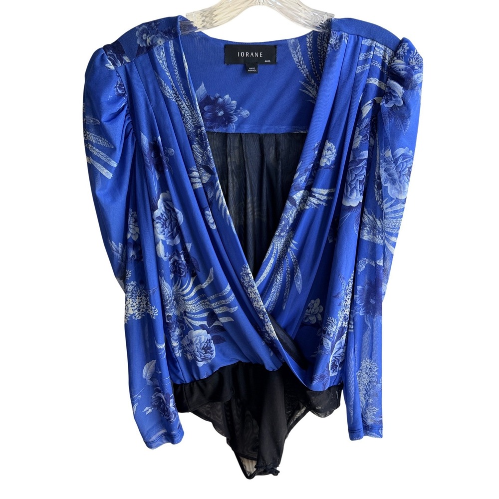 Iorane NWOT Women's Blue Peacock and Floral Print Wrap Bodysuit Sz 44/XL